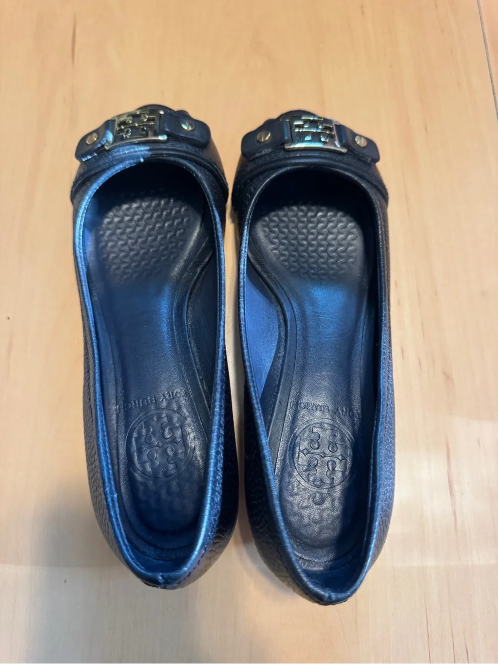 Tory Burch Black Leather Peep-Toe Heels with Gold Logo Accent